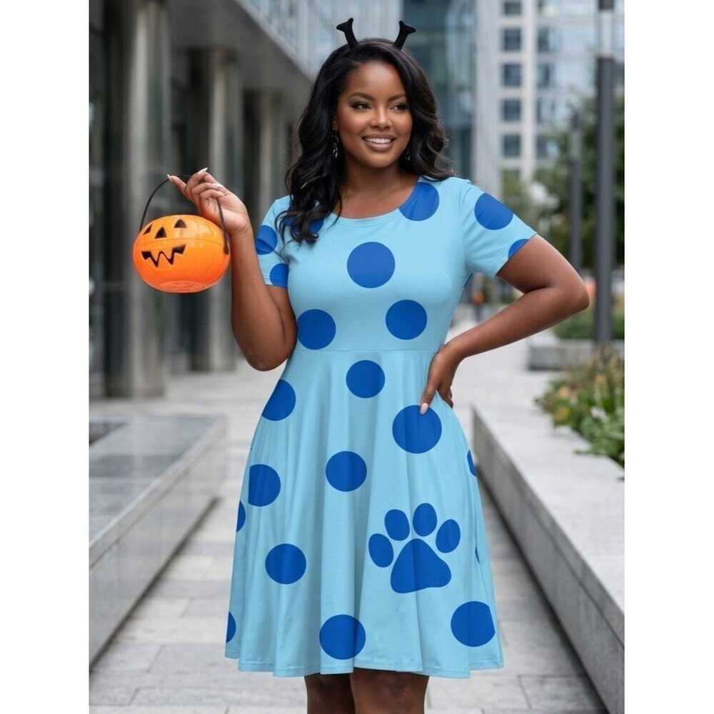FOR G and PL Blue Polka Dot Paw Print Skater Midi Dress - EUC Like New - XL